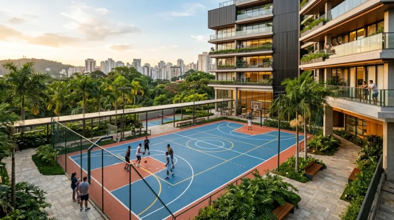 Equipe especializada realizando pintura de quadra esportiva com anos de experiência em São Paulo