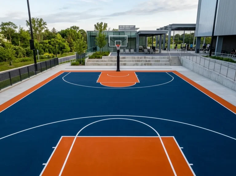 Quadra de basquete pintada em São Paulo com linhas regulamentares e cores vibrantes