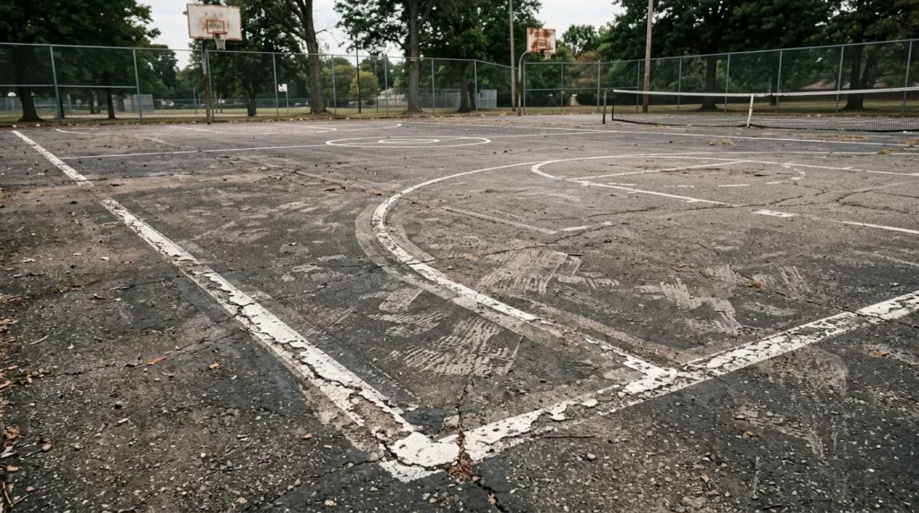 Quadra esportiva desgastada antes do processo de restauração e repintura em São Paulo