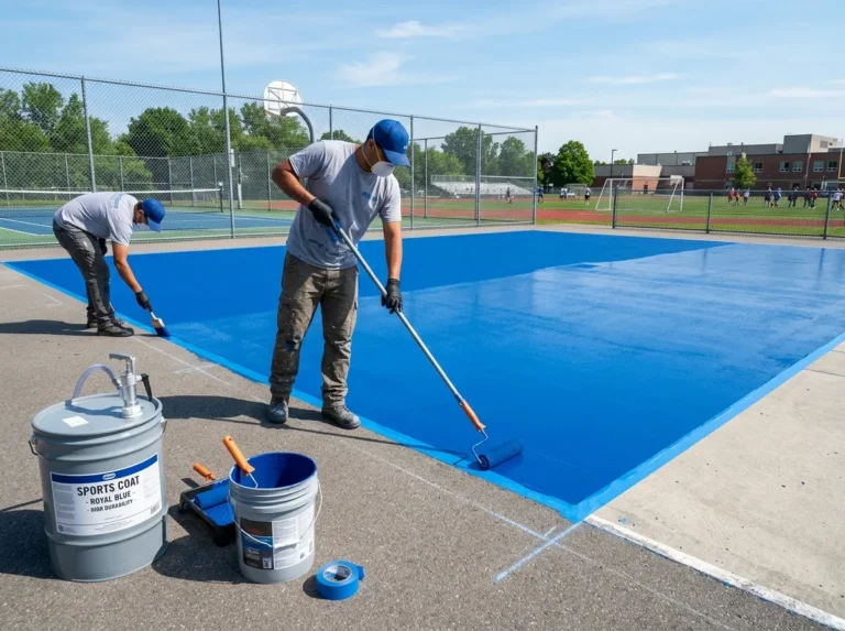 Aplicação de tinta especial em piso esportivo durante serviço de pintura de quadra em SP